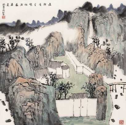 何加林 远树低谷图 镜心